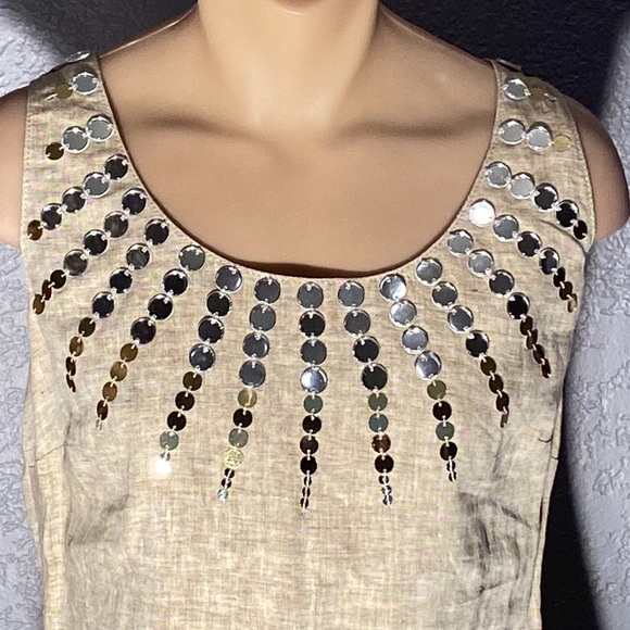TORY BURCH - linen tank tunic w little mirror discs surrounding neck, zip - 8 - Picture 3 of 16